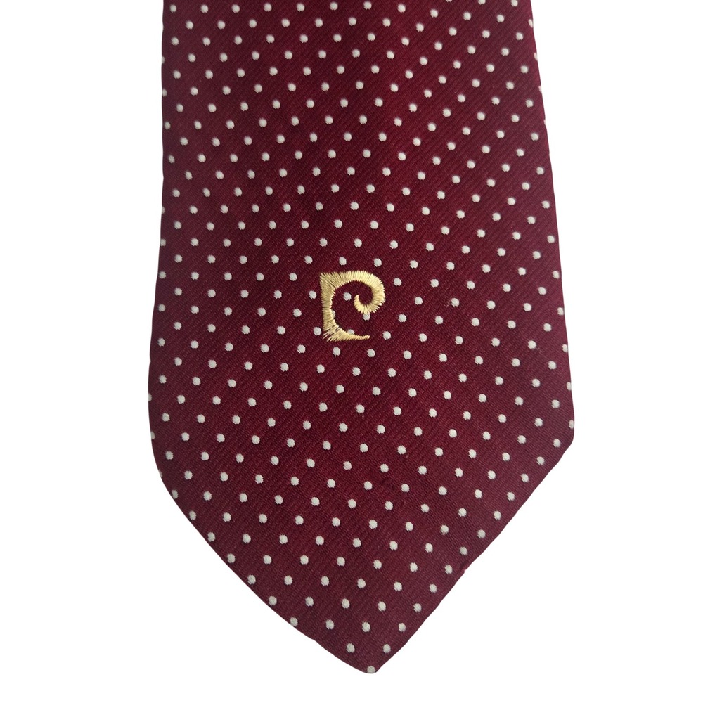 Pierre Cardin Vintage Burgundy Polka Dot Tie Gold Logo Embroidered Men's Necktie